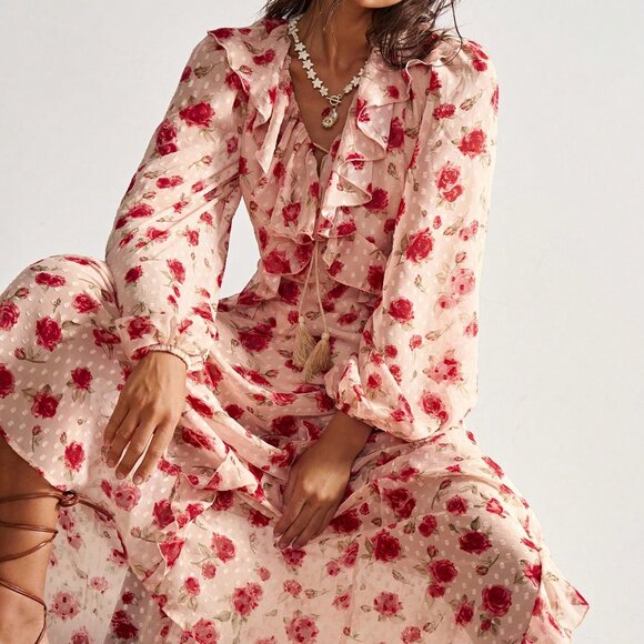 Apricot Boho Women's Bohemian Floral Print Ruffle Trim Long Sleeve Dress - Picture 4 of 8